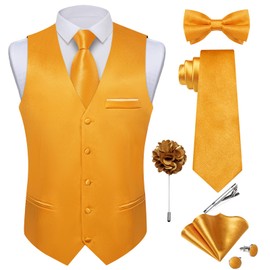 DiBanGu Mens Satin Suit Vest and Tie Set 8PCS Solid Waistcoat and Bowtie with Lapel Pin for Tuxedo Dress Vest Wedding Formal, Gold, Large
