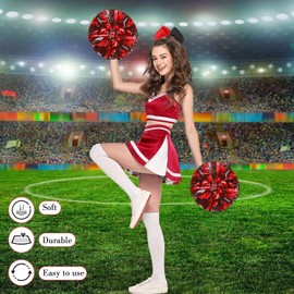 Theaque Cheerleader Pompoms and Large Cheerleader Hair Bow for Girls 12 Inch Metallic Cheerleader Pompoms for Sports, Team Spirit, Cheering (Red and Black Mixed)