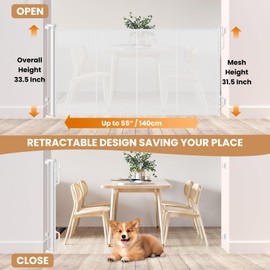 Spaceany Reinforced Retractable Baby Gate or Mesh Dog Gate,Easy to Use for Stairs, Doorways, Hallways, Indoor, Outdoor, Wide Pet Gate 33.5" Tall, Extends to 55" Wide, White