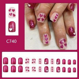 Valentines Press on Nails Short Square Fake Nails Purple & White Heart Love Design Glitter False Nails Full Cover Stick on Nails Valentine's Day Acrylic Nails for Women Nail Art Decoration 24 Pcs