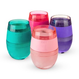 HOST Cooling Cup Set of 4 Double Wall Insulated Freezable Drink Chilling Tumbler with Freezing Gel, Glasses for Red and White Wine, 8.5 oz, Assorted Translucent Colors