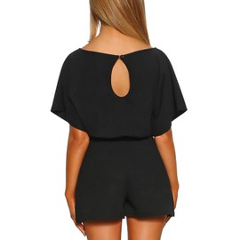 Vetinee Womens Black Summer Casual Belted Romper Keyhole Back Short Sleeve Jumpsuit Playsuit X-Large