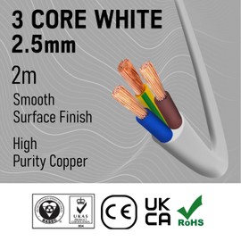 Primes DIY 3 Core Round White Flex Flexible Cable, stranded electrical copper wire, Insulated Flexible PVC Wire, Stranded Wire High Temperature Resistance, 3182Y BASEC Approved 2.5mm(2 Meter)