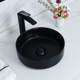 Davivy 14.2'' Matte Black Round Vessel Sink with Pop Up Drain,Bathroom Vessel Sinks,Black Ceramic Vessel Sink,Round Bathroom Sink,Bathroom Sinks Above Counter,Round Sink Bowls for Bathroom