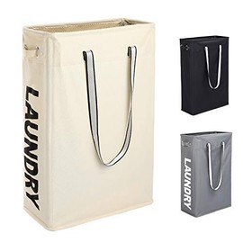 Cloth Clothes Basket, Caroeas 24" Handy Hanging Laundry Baskets Tall & Slim Hamper Collapsible Travel Laundry basket with Breathable Mesh Cover & Soft Handle Laundry Hamper (Beige1)