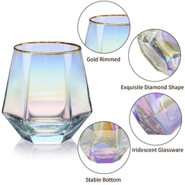 XKXKKE Diamond Wine Glasses Set of 2, 10 OZ Modern Stemless Gold Rim Glass Cups Iridescent Drinking Glassware for Serving Party, Home, Bar, Restaurants, Gift, Rainbow Tumbler, Colorful 2 Pack