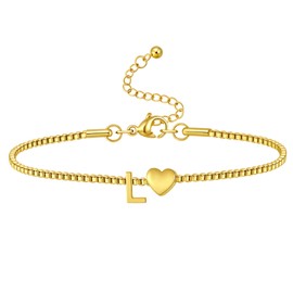 AXIMOUS Heart Initial Bracelet for Women Waterproof 14K Real Gold Plated Letter A-Z Bracelets Tiny Gold Initial Bracelets Cute Heart Bracelet Gifts for Women Jewelry, 6.7 inches, Stainless Steel, no