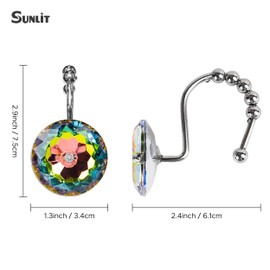 Sunlit Luxury Design Glitter Round Colorful Diamond Crystal Gem Bling with Glide Balls Shower Curtain Hooks, Rust Proof Metal Rhinestones Glam Shower Curtain Rings-12 Pack