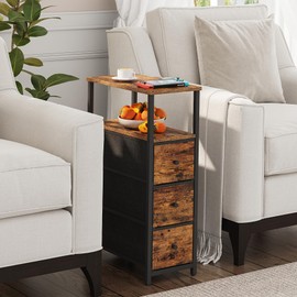 TUTOTAK Narrow End Table, Tall Side Table with 3 Fabric Drawer, NightStand, Small Bedside Table with Storage, Set of 2, for Living Room, Bedroom, Brown TB01BB072