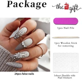 RUNRAYAY Christmas Gradient Grey French Ballerina Press On False Nails with Snowflake Nail Rhinestone Almond Natural Coffin Stick On False Nails