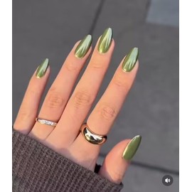 24PCS Press On Nails, Mirror Metal Stiletto Fake Nails, Almond Medium Shape, Stick on Nails, Glue on Nails (Aurora Green)