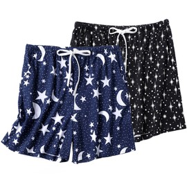 ENJOYNIGHT Women Pajama Shorts Cotton Lounge Bottoms Sleep Shorts with Drawstring & Pockets(Blue Star+Black Star,XX-Large)