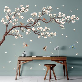 DECOWALL SG4-2213 Large White Cherry Blossom Tree Wall Stickers Birds on Flower Branch Decals Removable for Nursery Bedroom Living Room Art Home Decor Mural Decoration