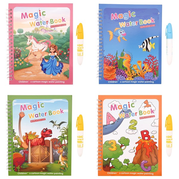 Magical Water Coloring Book,4Pcs Kids Magic Painting Books with Water Reusable Drawing Book for Toddler Cartoon Animals,Alphabet Magic Coloring Book for Children Gifts,Doodle Game