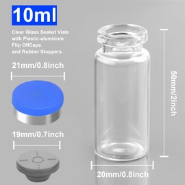 Ehoycq 10ml Sealed Vials with Self Healing Injection Port and Plastic-Aluminum Flip Caps,Glass Empty Vials for Injection 10 Pack