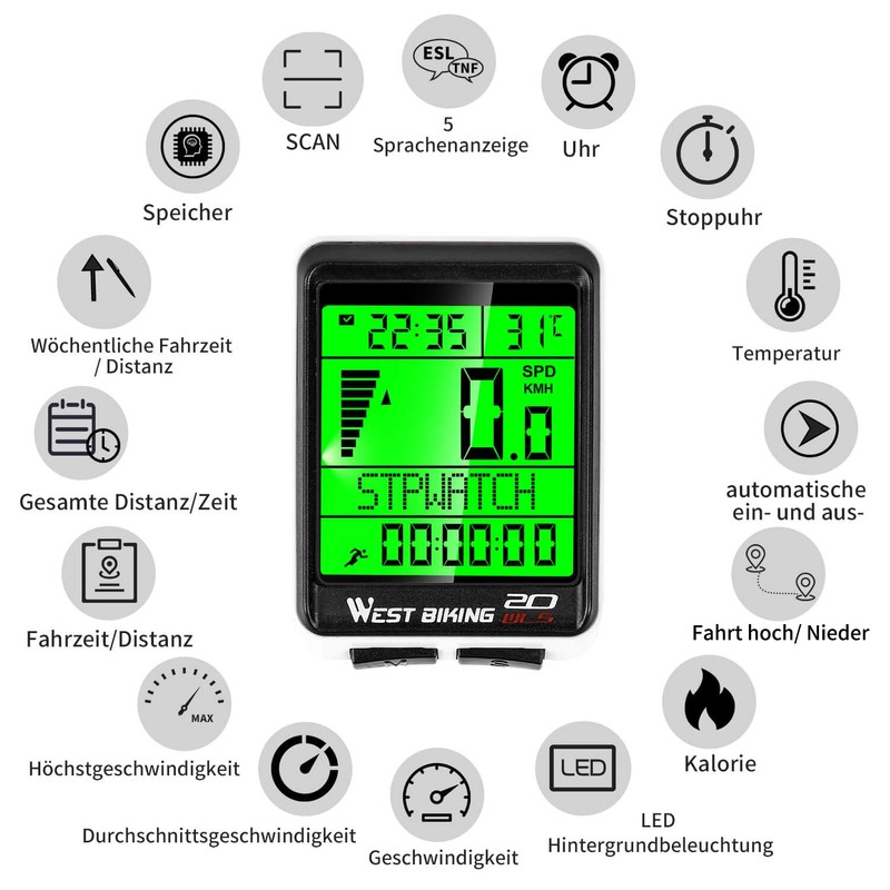 ICOPRO Bicycle Computer Bike Odometer Wireless Waterproof Large LCD Screen