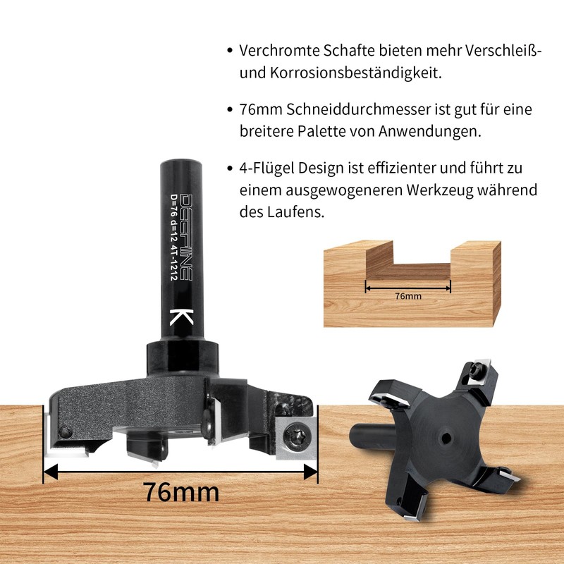 DEEFIINE Face Cutter 12 mm Shank for Wood Diameter 76