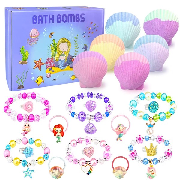 Bath Bombs for Kids with Surprise Inside 6 Pcs Shell Bubble Kids Bath Bombs Kit with Jewelry Mermaid Toys for Girls Safe and Natural Bathbombs Birthday Easter Christmas Gifts Set for Girls