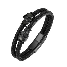 STARCHENIE Mens Double Skull Leather Bracelet, Stainless Steel Black Braided Leather Bracelets for Men, Punk Rock Jewelry