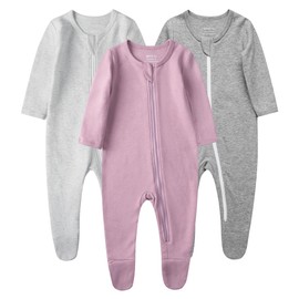 Owlivia Organic Cotton Baby Pajamas, Boys Girls 3-Pack Zip Front Sleep 'N Play, Footed Sleeper, Long Sleeve(3-6 Months, Mauve&Light Grey&Dark Grey)