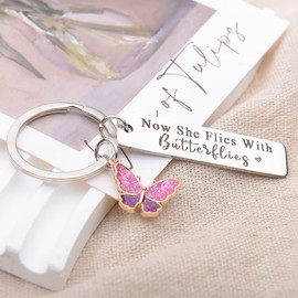 Guqqeuc Memorial Bereavement Gifts for Loss of Mum Nan Memorial Keyring Remembrance Gifts Now She Flies with Butterflies Keyring Sympathy Gifts for Men Women Sympathy Keyring Gifts for Loss of Sister