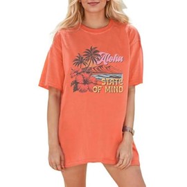 Hawaiian Shirts Women Oversized Aloha State of Mind Letter Graphic Shirt Flower Shirt Casual Summer Vacation Tees Tops（Medium,Orange