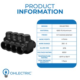 OHLECTRIC Dual Side Entry - 4 Port - 250-6 AWG - Black Insulated Connector - 5/16 Allen Hex - Pre-Filled with Oxide Inhibitor - Rubber/Vinyl Coating, 6061-T6 Aluminum CU9AL