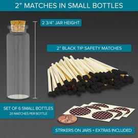 2" Bold Black Tip Safety Matches | 6 Glass Bottles Each with Cork Top, Striker & 20 Matchsticks by Thankful Greetings (120+ Total) | Decorative Unique & Fun Artisan Set for Your Home, Gifts, & Events