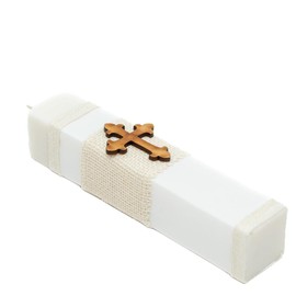 Vela Cuadrada color Beige para niño o niña, Confirmación, Comunión, Bautizo, Boda, Aniversario, etc., incluye Rosario de madera.