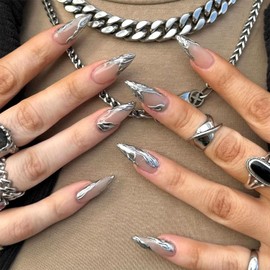 Vopintpy 3D Silver French Press on Nails Medium Almond Fake Nails Irregular Pattern Design Glue on Nails Reusable Full Cover Stick on Nails for Women DIY Charm Manicure