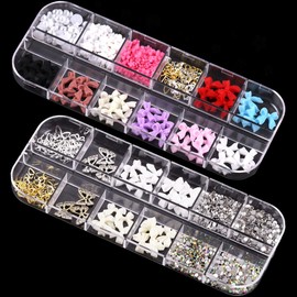 Bowknot Nail Pendants, 2 Boxes of Beads Butterfly Bow Flower Nail Art Rhinestone Caviar Beads 3D Nail Art Decorations for Nail Art DIY Crafts Party Daily Wedding