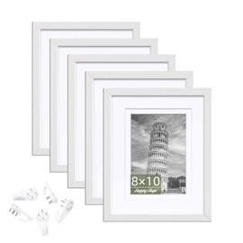 HappyHapi 8x10 Picture Frame Set of 5, 8x10 White Picture Frame Display Pictures 4x6 and 5x7 with Mat or 8x10 Without Mat. Wall Hanging Photo Frame or Tabletop Display Gallery Frame (White)