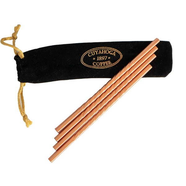 Set of 4 - Twisted Pure Copper Drinking Straws in Black Velvet Bag with Cleaning Brush. Part of the 1897 Collection from Cuyahoga Copper