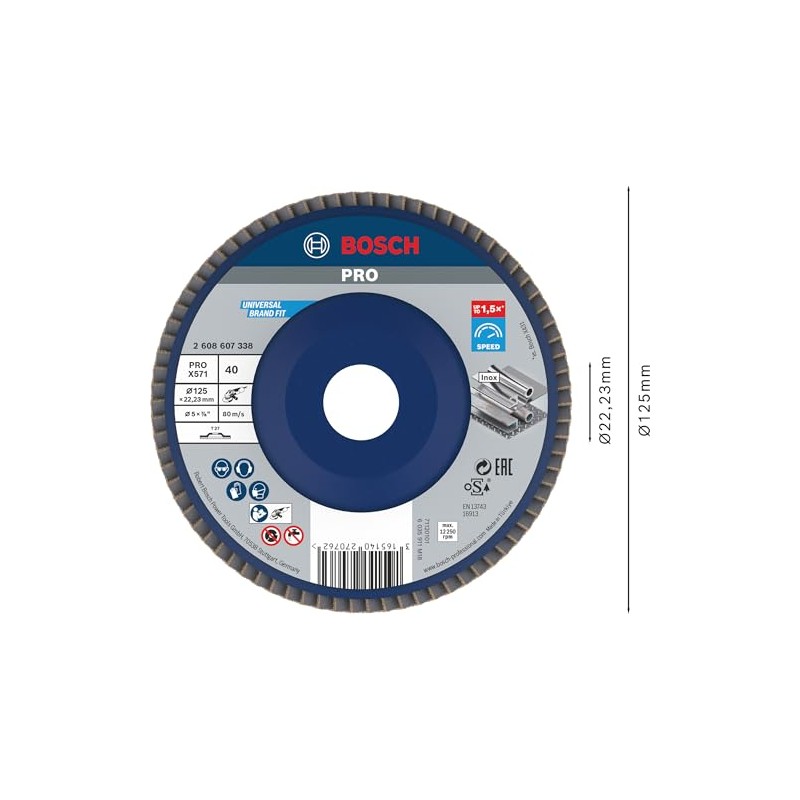 Bosch 2608607338 125 mm 40 Grit Metal Flap Disc