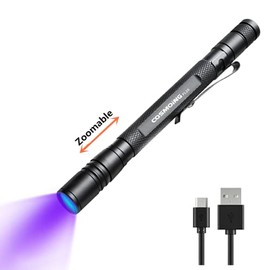 UV Flashlight USB Rechargeable, 395nm Ultraviolet Flashlight, Zoomable Pen Blacklight Flashlight IP54 Waterproof Detector for Pet Urine, Cat Dog Stains, Bed Bug, Household Toilet with Battery