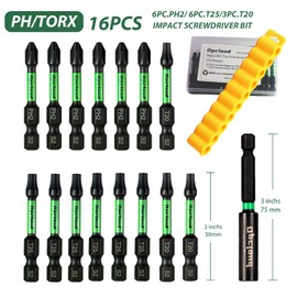 Opcloud Impact Screwdriver Bit Set, 16 Pieces 2” Phillips/Torx Tips S2 Steel Magnetic Driver Power Bit Set with Extension Impact Bit Holder
