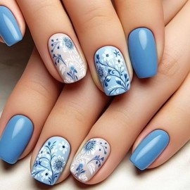 24 Pcs Flower Press on Nails Short Square Shaped Fake Nails with Blue White Floral Design Spring False Nails Glossy Acrylic Nails Full Cover Stick on Nails for Women Nails Manicure Decoration