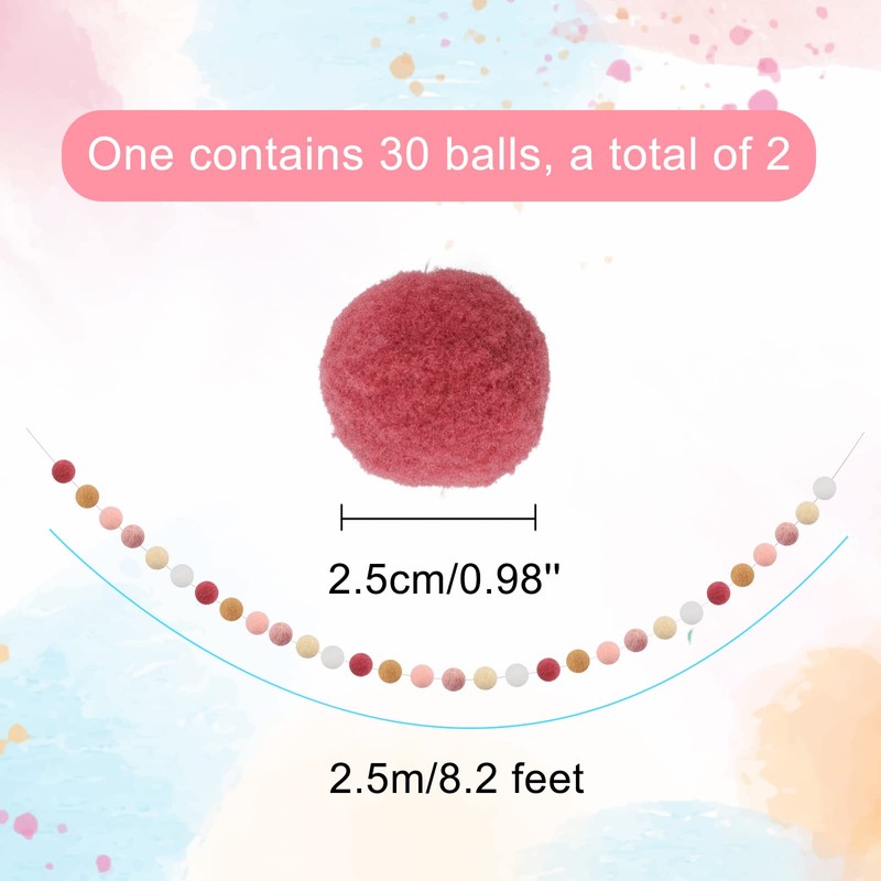 G2PLUS 2PCS Pre-strung Felt Ball Pom Pom Garland, 60 Balls,