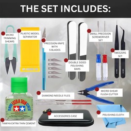 Tamiya Extra Thin Cement with Fine Tip Applicator and Pixiss Gundam Model Toolkit - 4 Oz Plastic Model Glue for Miniatures, Miniature Tool Kit Including Mini Tweezers, Pliers, Nippers