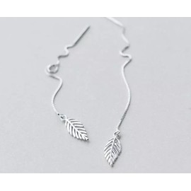 Iszie 925 Sterling Silver Feather Leaf Chain Threader Dangle Pull Through Women's Earrings