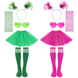 kuchisity 2 Set Women Tutu Costume Accessories Set, Spirit Day Pom Pom Headband Necklaces Heart Sunglasses Tube Socks Tutu Wear for Women Party(Green + Pink)