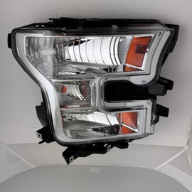 Headlamp Replacement For Ford F-150 2015 2016 2017 DOT/SAE Compliant, Halogen Headlight Assembly With Bulbs, Right/Passenger Side, FL3Z-13008-B / FO2503335, Chrome Housing