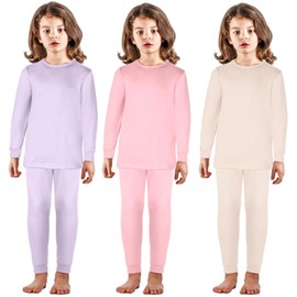Silkfly 3 Sets 12M-12Y Kid Boys Girls Thermal Underwear Set Fleece Lined Long Winter Johns Base Layer Thermal Top and Bottom(Purple, Creamy White, Pink,5-6Y)