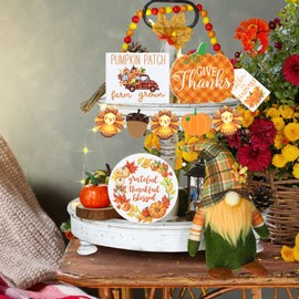14 Pieces Fall Decor Fall Thanksgiving Tiered Tray Decor Wooden Signs Gnomes Plush Fall Tabletop Signs Pumpkin Tiered Tray Decor Farmhouse Rustic Tiered Tray for Autumn Decor(Gnome Style)