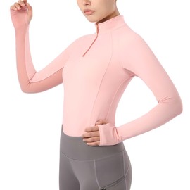 Harrison Howard Equestrian Tops Female Long Sleeve Half Mesh Arm Design Quick-Dry Summer Top with Smart Shoulder Lines & Stylish Neckline for Women, Orange Pink, Medium