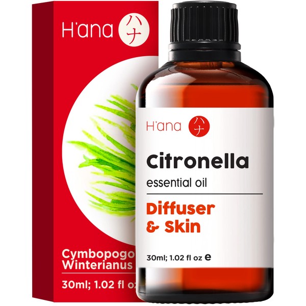 H’ana Citronella Oil for Candle Making (1 fl oz) - 100% Therapeutic Grade Pure Essential Oils - Undiluted Citronella Essential Oil for Diffuser & Aromatherapy