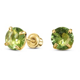 Solid 14K Gold Round Solitaire Simulated-Birthstone Minimalist Stud Earring with Comfort Screw Backing, 4mm, Yellow Gold, Cubic Zirconia