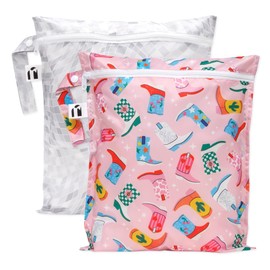 Roamio Waterproof Wet Bag for Baby, Travel, Swim Suit, Cloth Diapers, Pump Parts, Pool, Beach, Gym Clothes, Toiletry, Hook to Stroller, Daycare, Zip Reusable Wetdry Pack, 2-pk Cowgirl Boots and Disco