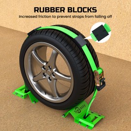 Trekassy Wheel Chock Tie-Down Kit with Rubber Blocks, (4,500lb Break Strength) Heavy Duty E Track Trailer Tire Straps for ATV, UTV, Lawn Mower- 2 Pack