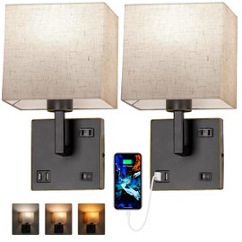AVV Wall Sconce Lighting, Bedside Wall Mount Light with USB Port, AC Outlet and 3 Color 2700K/4000K/5000K Selectable, Fabric Linen Shade, Wall Lamps for Bedroom Living Room Hotel, Hardwire, Black, 2PK